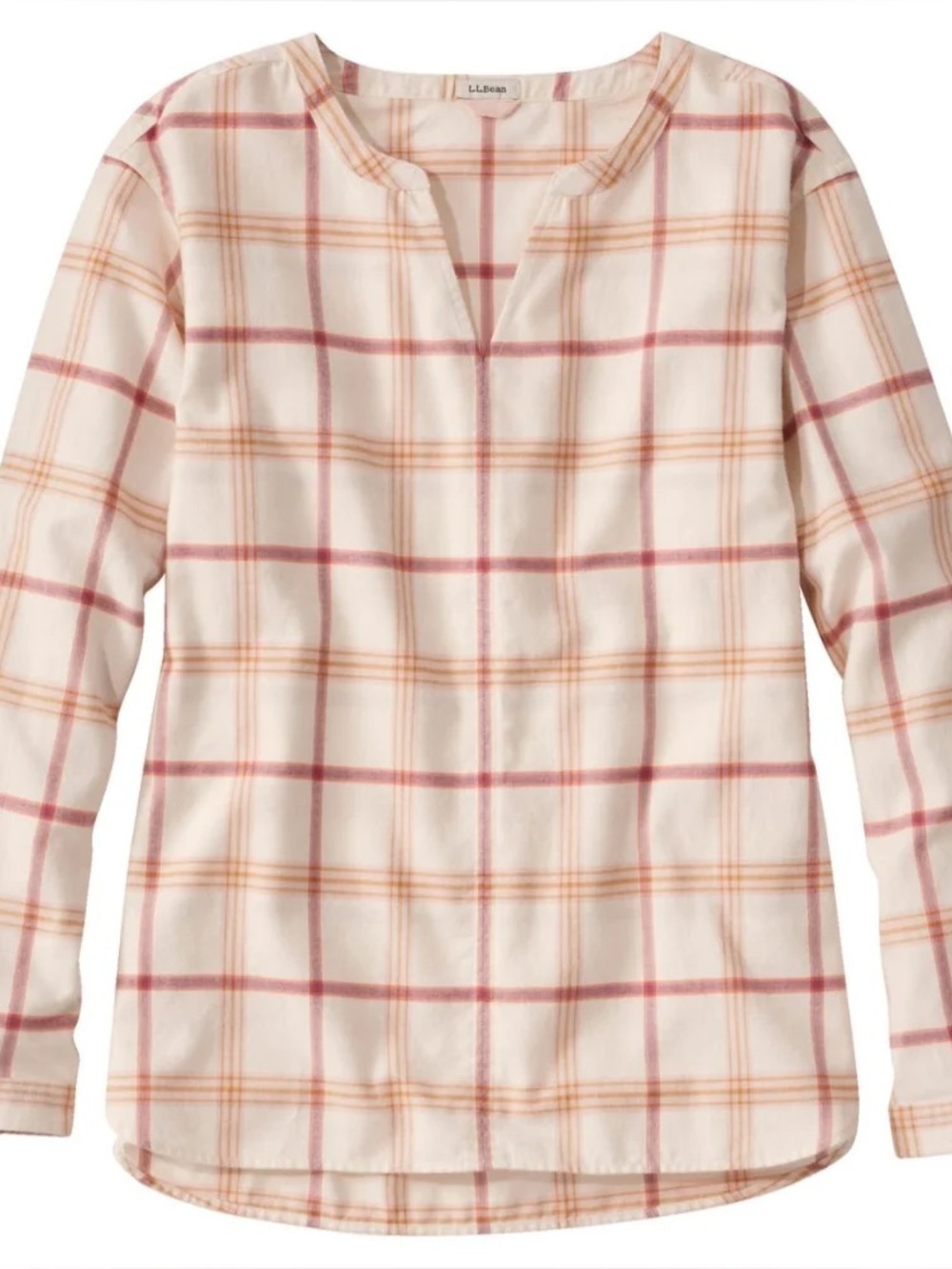 L.L. Bean Cream Plaid Split-Neck Pullover Top